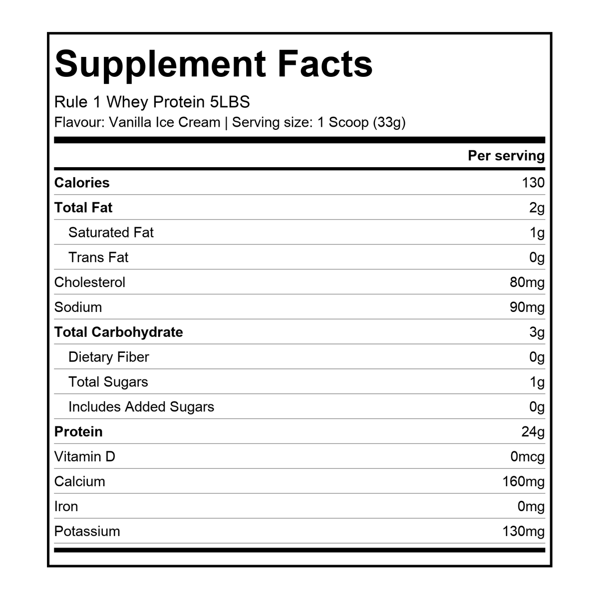 Nutrition facts for Rule 1 Whey Protein 5 LBS - Vanilla Ice Cream