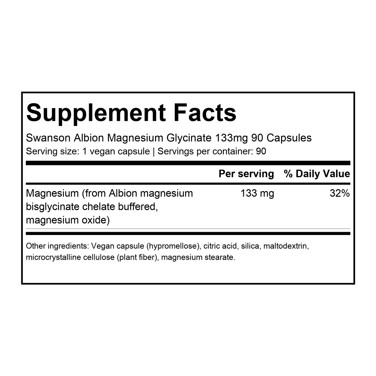 Supplement facts for Swanson Albion Magnesium Glycinate 133mg 90 Capsules