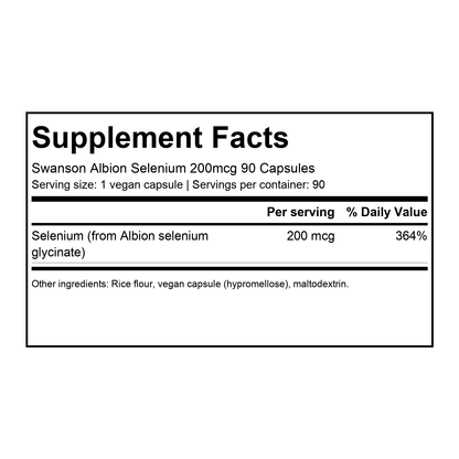 Supplement facts for Swanson Albion Selenium 200mcg 90 Capsules