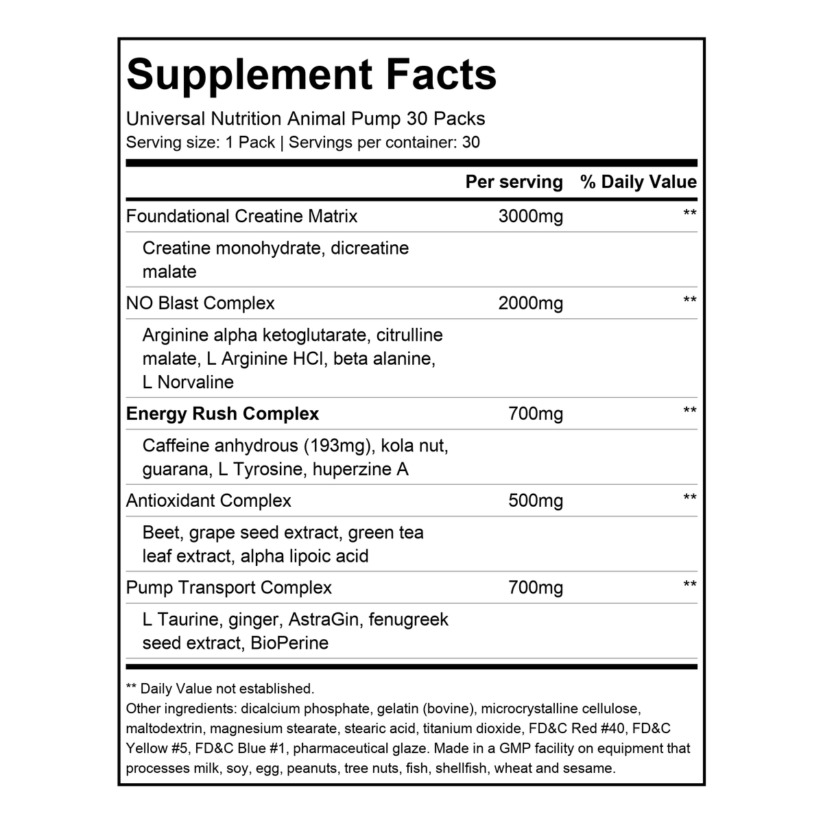 Supplement facts for Universal Nutrition Animal Pump 30 Packs